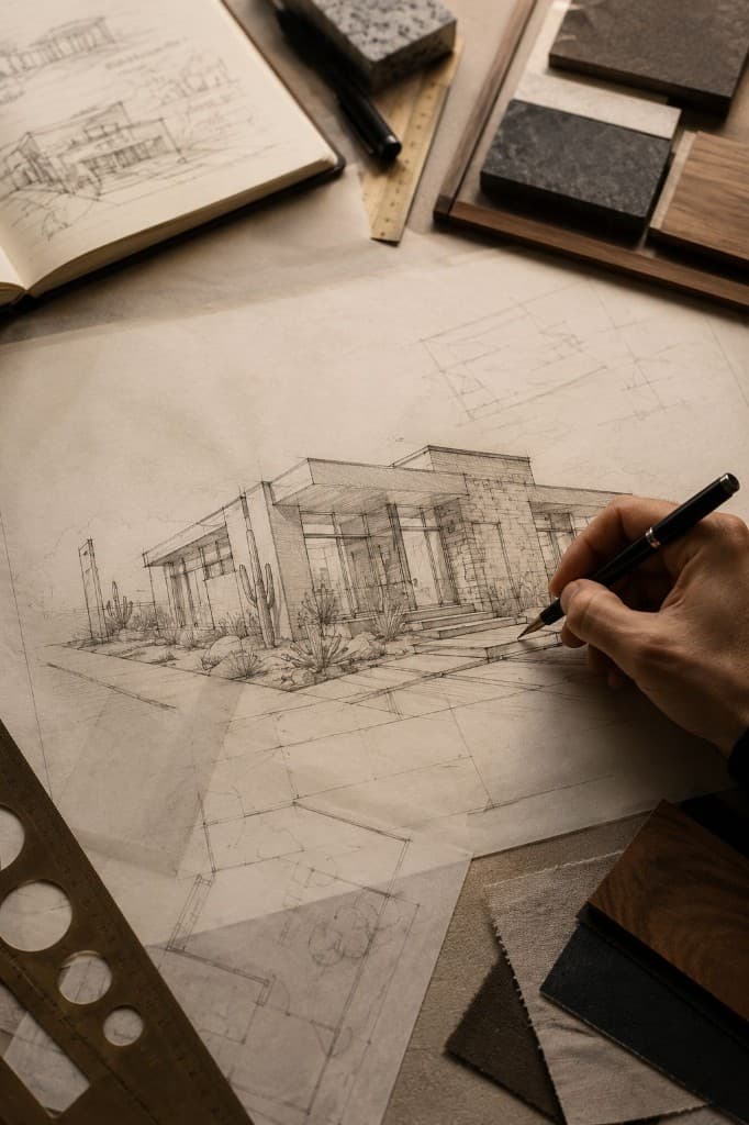 Architect sketching an original Author Home design at the drafting table